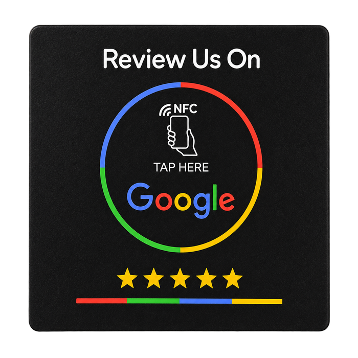 Black square NFC review plaque, front view, printed with 'Review Us On', a tap-here NFC symbol, the Google logo and five stars.
