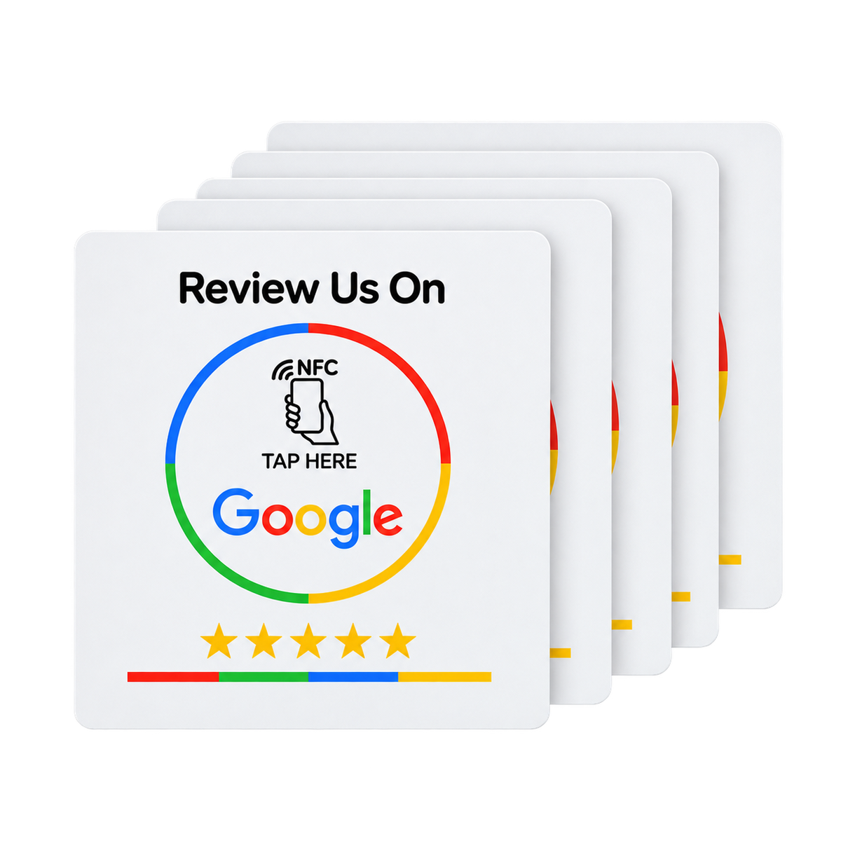 Five white NFC review plaques fanned out in a stack, each printed with 'Review Us On' and a tap-here NFC symbol.