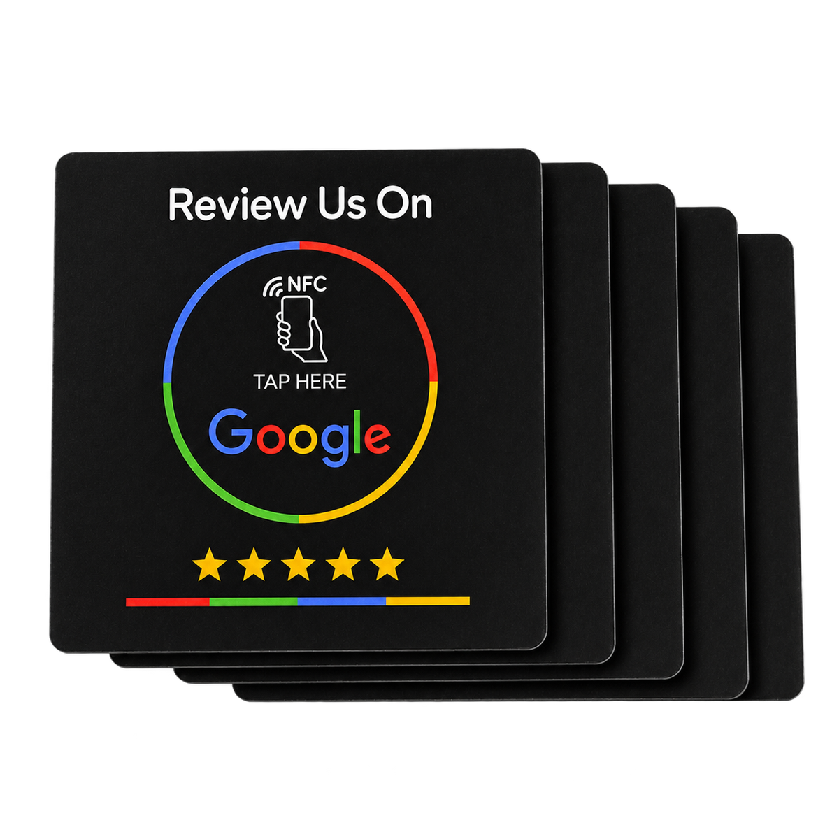 Five black NFC review plaques fanned out in a stack, each printed with 'Review Us On' and a tap-here NFC symbol.